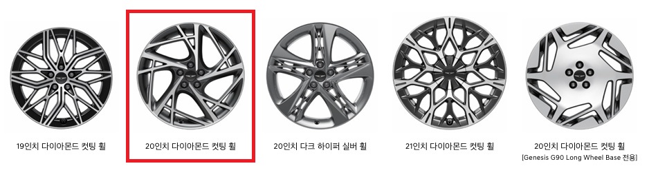 2026 G90 19인치 다이아몬드 컷팅 휠, 20인치 다이아몬드 컷팅 휠, 20인치 다크 하이퍼 실버 휠, 21인치 다이아몬드 컷팅 휠 디자인