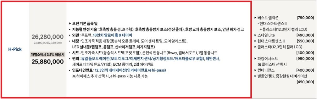 2027 코나 가솔린 2.0 H-Pick 가격표