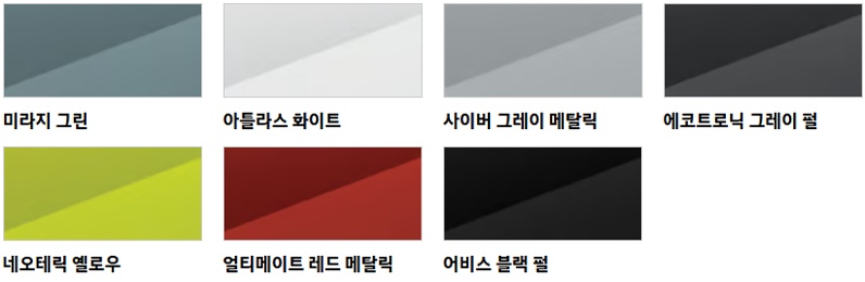 2027 코나 하이브리드 미라지 그린, 아틀라스 화이트, 사이버 그레이 메탈릭, 에코트로닉 그레이 펄, 네오테릭 옐로우, 얼티메이트 레드 메탈릭, 어비스 블랙 펄 원톤 외장 컬러