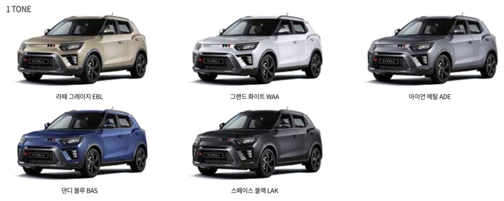 더 뉴 티볼리 라떼 그레이지, 그랜드 화이트, 아이언 메탈, 댄디 블루, 스페이스 블랙 원톤 유광 외장 컬러