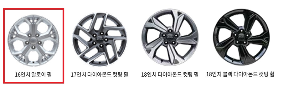 더 뉴 티볼리 16인치 알로이 휠, 17인치 다이아몬드 컷팅 휠, 18인치 다이아몬드 컷팅 휠, 18인치 블랙 다이아몬드 컷팅 휠 디자인